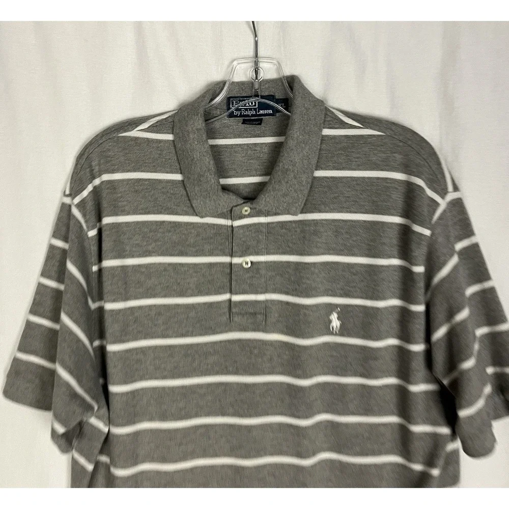 Polo Ralph Lauren Mens XL Gray White Striped Short‎ Sleeve Polo Shirt Classic